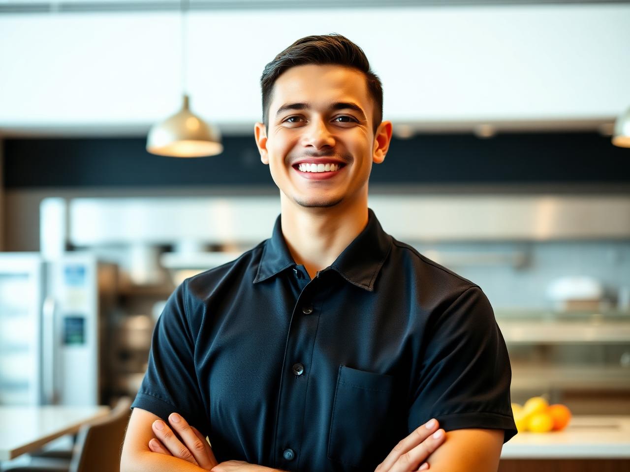 A confident hospitality worker smiling in a modern setting